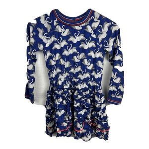 Mim-Pi Dress 9 Girls Blue Swan Print Ruffles Long Sleeves Lined Cotton Blend